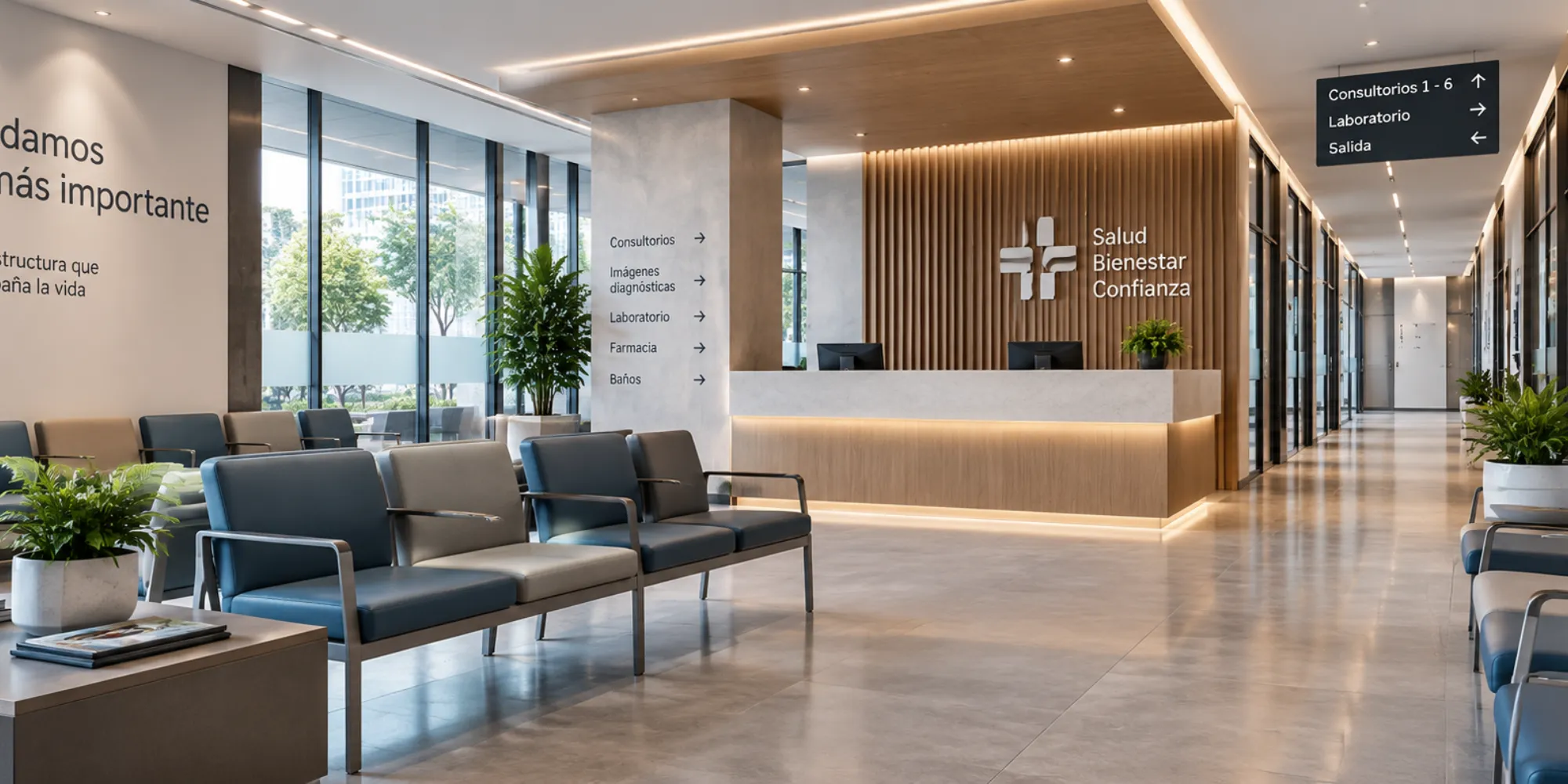 Recepción y zona de espera de un centro médico.